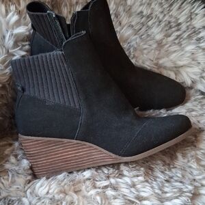 Toms Black Suede-Look Ankle Wedge Booties